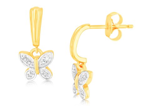 9ct Yellow Gold Butterfly Drop Earrings in 12 Diamonds Fashion