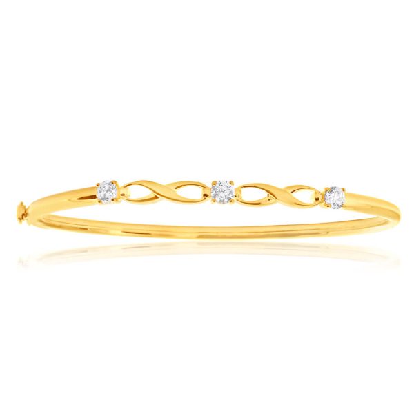 9ct Yellow Gold Silver Filled Infinity White Cubic Zirconia Hinge Bangle 61mm For Sale