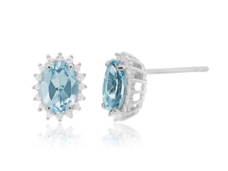 9ct White Gold Aquamarine + Diamond Cluster Stud Earrings Cheap