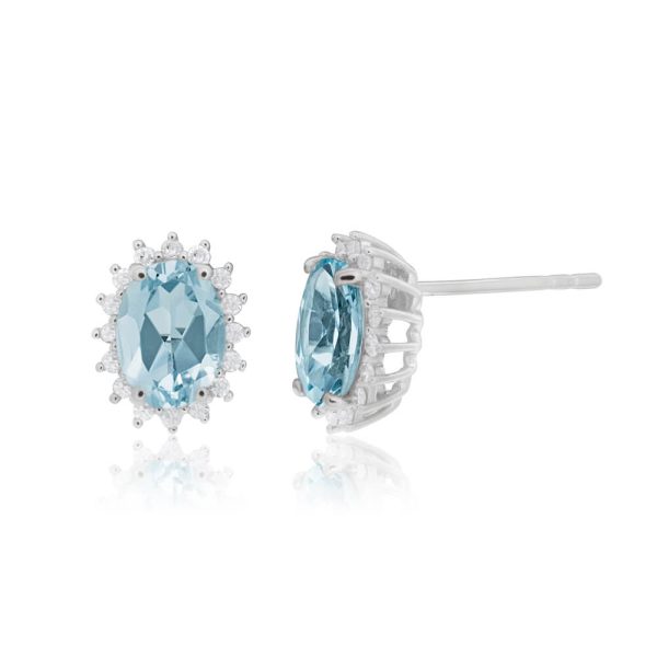 9ct White Gold Aquamarine + Diamond Cluster Stud Earrings Cheap