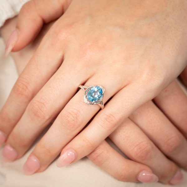 9ct White Gold Natural Blue Topaz And Diamond Ring Online