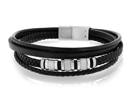 Stainless Steel Black Leather Layered 21cm Bracelet Sale