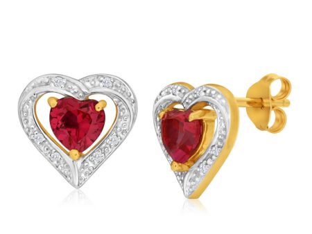 9ct Elegant Yellow Gold Created Ruby + Diamond Stud Earrings Hot on Sale