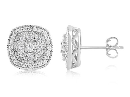 Sterling Silver 0.45 Carat Diamond Cushion Shape Cluster Stud Earrings with Round Brilliant Diamonds Sale