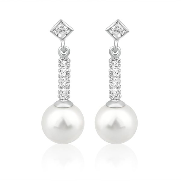 9ct White Gold Cubic Zirconia + Pearl Drop Earrings For Discount