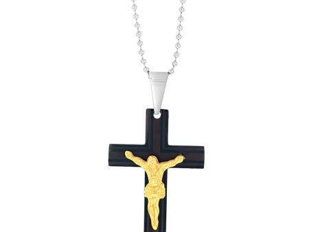 Stainless Steel Black And Gold Two Tone Crucifix Pendant On 60.9cm Ball Chain For Cheap