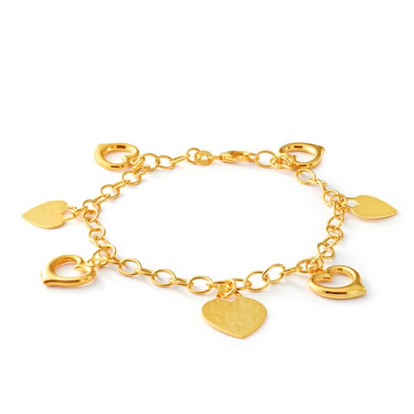 9ct Yellow Gold Silver Filled Plain and Heart Shape Charms on 19cm Belcher Bracelet Sale