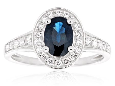 9ct White Gold 1.05ct Natural Dark Blue Sapphire 7x5mm + Diamond 0.26ct Ring Hot on Sale