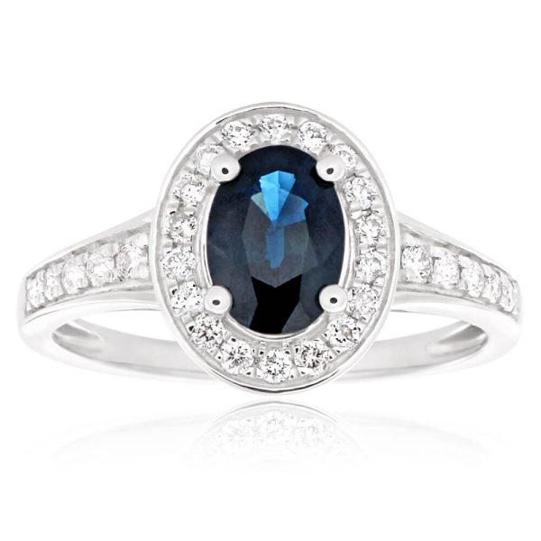 9ct White Gold 1.05ct Natural Dark Blue Sapphire 7x5mm + Diamond 0.26ct Ring Hot on Sale