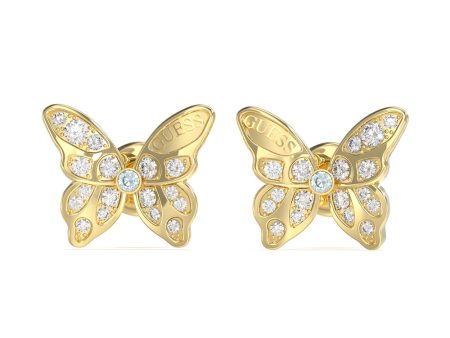 Guess Gold Plated Stainless Steel 12mm Pave Butterfly Stud Earrings Cheap