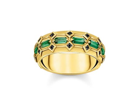 Thomas Sabo Yellow Gold Plated Crocodile Rock Green Wide Ring Fashion