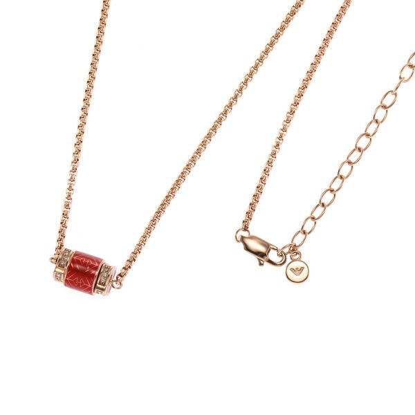 Emporio Armani Rose Gold Plated Stainless Steel Red Lacquer Pendant With Chain Hot on Sale