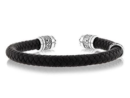 Stainless Steel Black Leather And Oxidized Open Bangle Sale