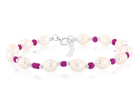 White Freshwater Pearl Bracelet with Pink & Silver Beads in Sterling Silver Discount