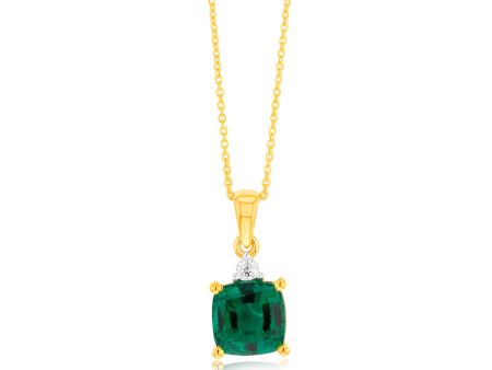 9ct Yellow Gold 1 3ct Created Emerald and Diamond Pendant On 45cm Chain For Cheap