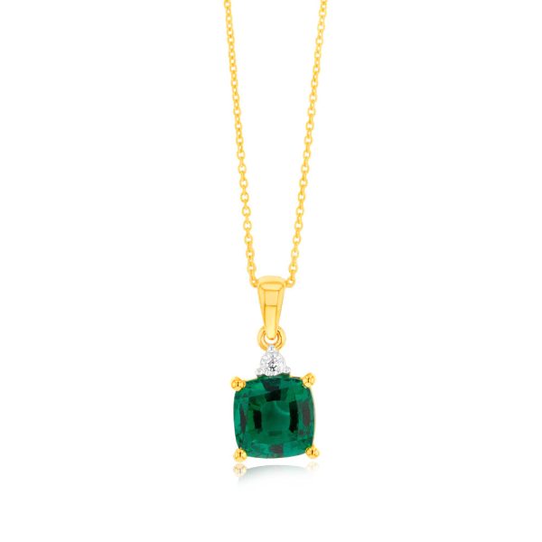 9ct Yellow Gold 1 3ct Created Emerald and Diamond Pendant On 45cm Chain For Cheap