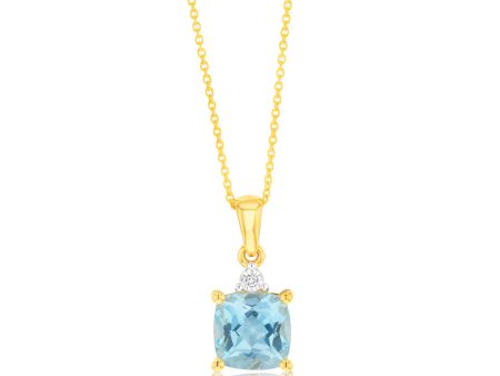 9ct Yellow Gold 1.75ct Sky Blue Topaz and Diamond Pendant on 45cm Chain Fashion