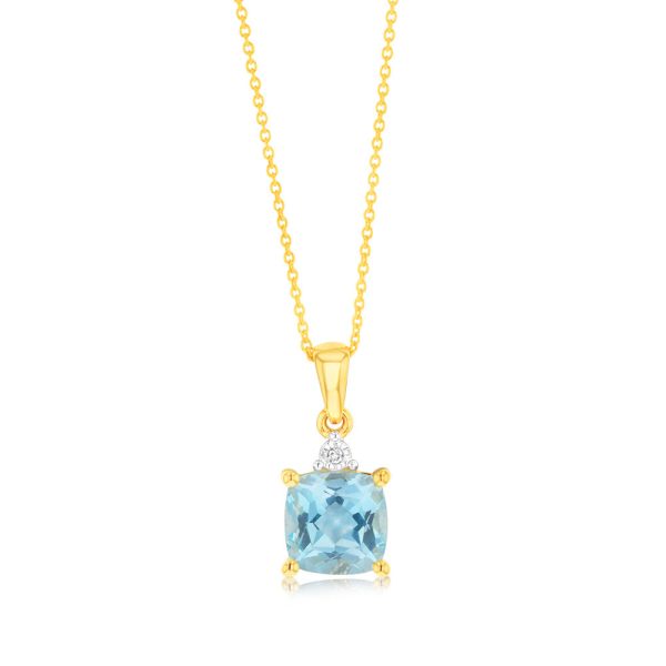 9ct Yellow Gold 1.75ct Sky Blue Topaz and Diamond Pendant on 45cm Chain Fashion