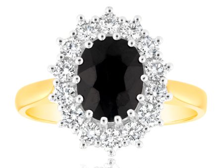 Luminesce Lab Grown 9ct Yellow Gold 0.70 Carat Diamond & 2.6ct Natural Black Sapphire 9x7mm Ring Online Sale