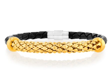 Stainless Steel Black Leather And Gold Plated 20.3cm Bracelet Cheap