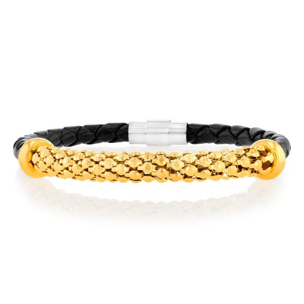 Stainless Steel Black Leather And Gold Plated 20.3cm Bracelet Cheap