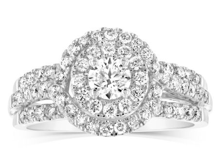 14ct White Gold 1 Carat Brilliant Cut Diamond Solitaire Ring with Double Diamond Halo For Discount