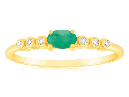 9ct Yellow Gold 5X3mm Emerald Ring in 6 Diamonds Cheap