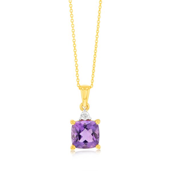 9ct Yellow Gold 1.4ct Amethyst and Diamond Pendant Cheap