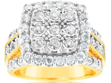 9ct Yellow Gold 2 Carat Diamond Cluster Square Dress Ring Supply