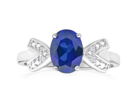 9ct White Gold Oval Created Sapphire + Diamond Ring Cheap