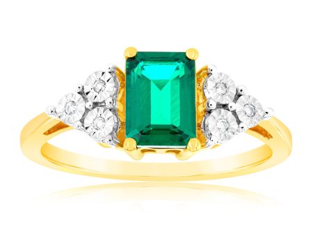 9ct Yellow Gold 7mm Created Emerald And Diamond Ring For Discount