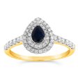 9ct Yellow Gold 0.30ct Natural Black Sapphire and 1 3ct Diamond Double Halo Pear Ring Online Hot Sale