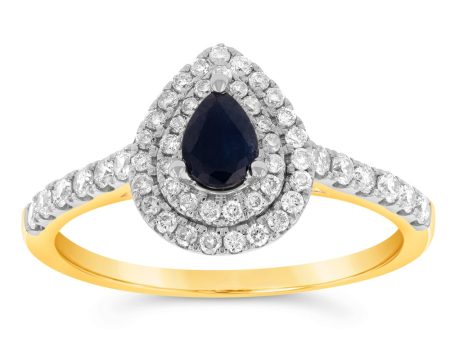 9ct Yellow Gold 0.30ct Natural Black Sapphire and 1 3ct Diamond Double Halo Pear Ring Online Hot Sale