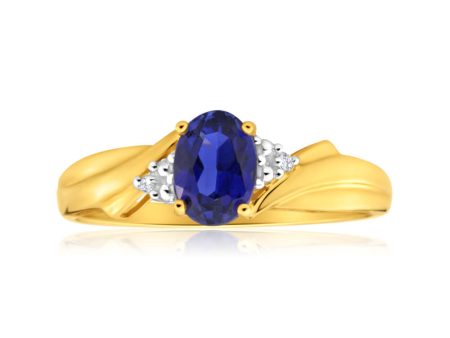 9ct Gorgeous Yellow Gold Created Sapphire + Diamond Ring Online now