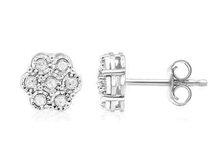 Sterling Silver 1 10 Carat Diamond Flower Shaped Stud Earrings For Sale