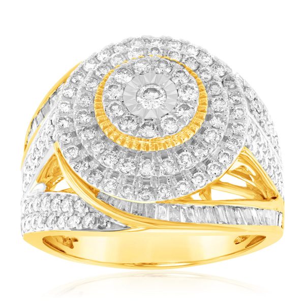 9ct Yellow Gold 2 Carat Diamond Dress Ring with Brilliant and Baguette Diamonds Online Hot Sale