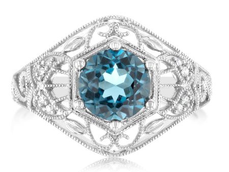 1.5Ct London Blue Topaz Ring with 8 Diamonds in Sterling Silver For Sale