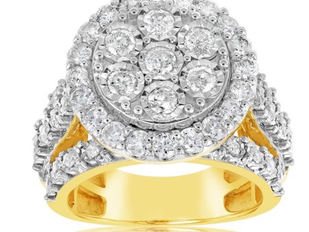 9ct Yellow Gold 2 Carat Diamond Cluster Round Dress Ring Hot on Sale