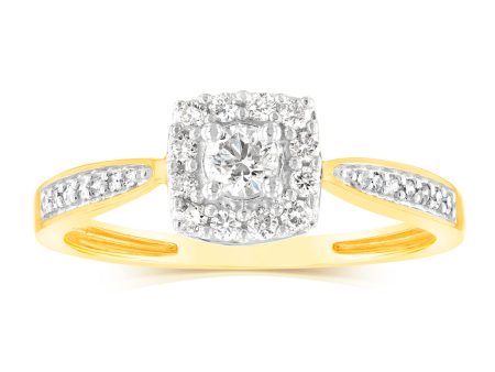 9ct Yellow Gold 1 3 Carat Diamond Halo Solitaire Ring with 12 Side Diamonds Supply