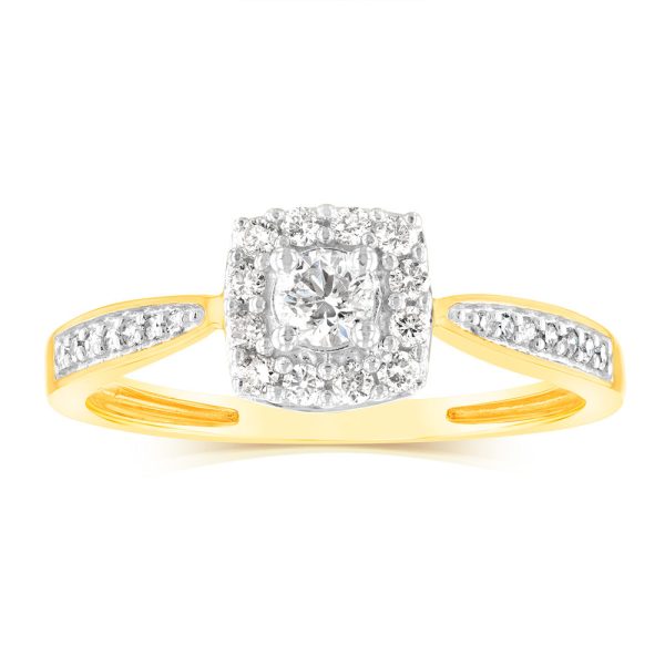 9ct Yellow Gold 1 3 Carat Diamond Halo Solitaire Ring with 12 Side Diamonds Supply