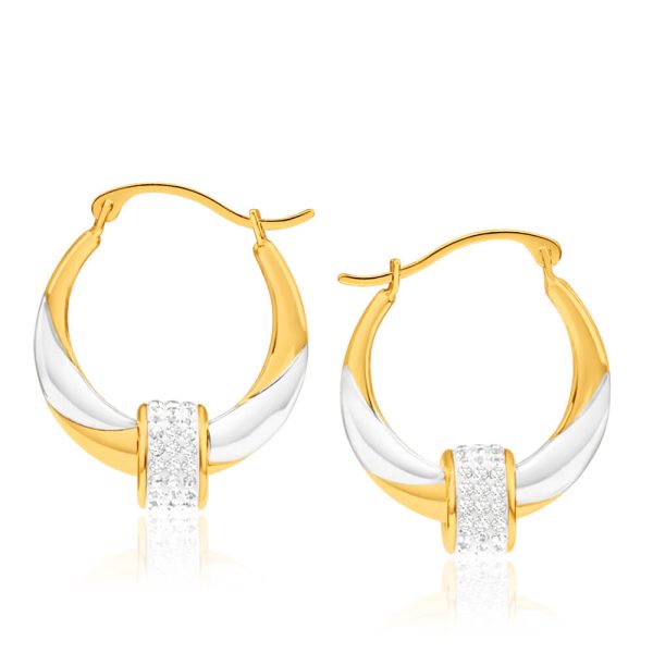 9ct Yellow Gold Silver Filled Crystal Spinner 2 Tone Hoop Earrings on Sale