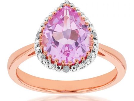 9ct Rose Gold Created Peach Sapphire and Diamond Pear Cut Ring Discount