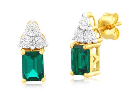 9ct Yellow Gold 6mm Created Emerald And Diamond Stud Earrings Online Hot Sale