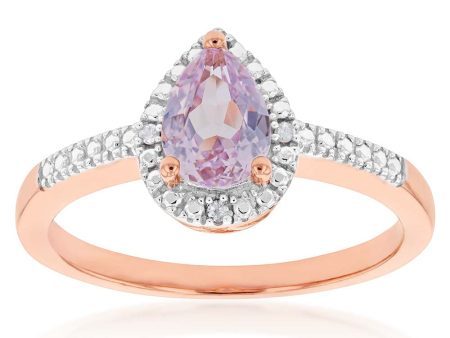 9ct Rose Gold Created Peach Sapphire & Diamond Pear Ring For Discount