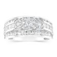 14ct White Gold 1.5 Carat Diamond Trilogy Ring with 3 Round Brilliant Cut Diamonds Surrounded by Diamond Halos and Channel Set Band Discount