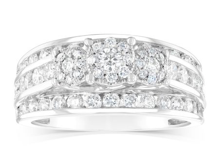 14ct White Gold 1.5 Carat Diamond Trilogy Ring with 3 Round Brilliant Cut Diamonds Surrounded by Diamond Halos and Channel Set Band Discount