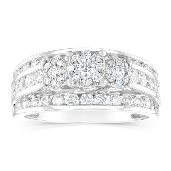 14ct White Gold 1.5 Carat Diamond Trilogy Ring with 3 Round Brilliant Cut Diamonds Surrounded by Diamond Halos and Channel Set Band Discount