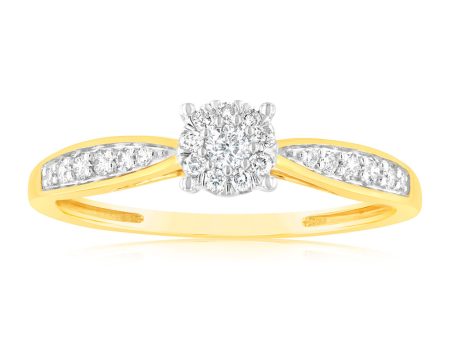 9ct Yellow Gold 1 4 Carat Diamond Halo Solitaire Ring with Diamond 12 Side Diamonds Fashion