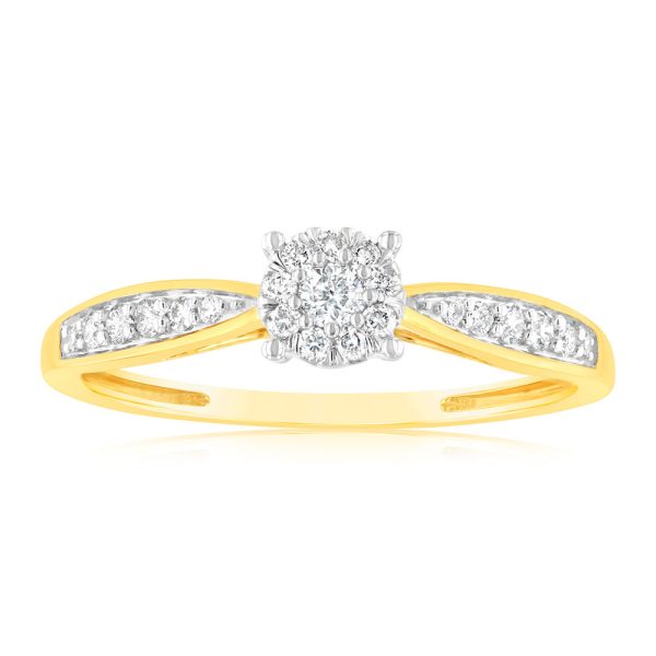 9ct Yellow Gold 1 4 Carat Diamond Halo Solitaire Ring with Diamond 12 Side Diamonds Fashion