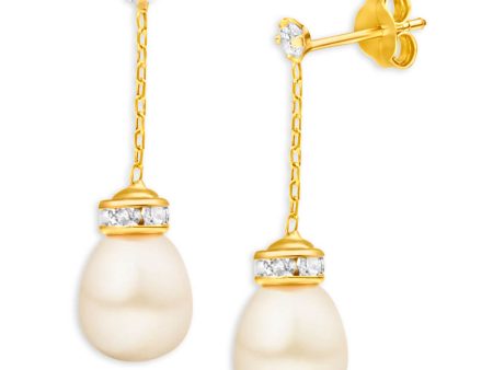 9ct Elegant Yellow Gold Cubic Zirconia + Pearl Drop Earrings Cheap